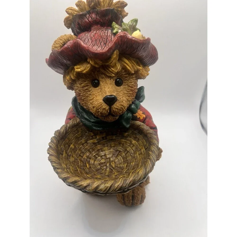 Vintage 2004 Fall Harvest Teddy Bear Figurine Basket Autumn Decor 12”